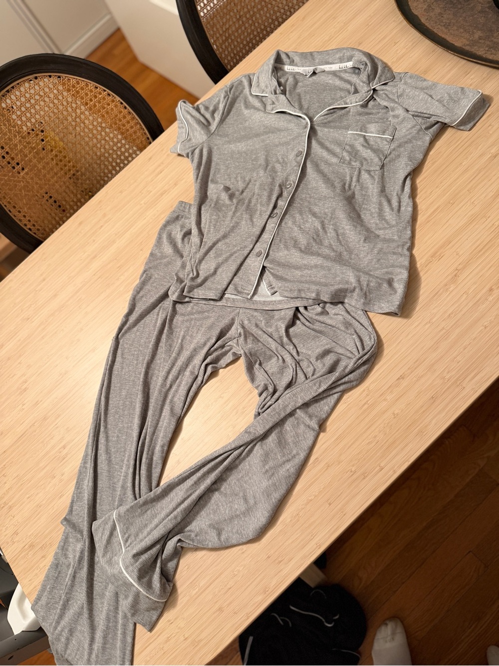 Nicole Miller Gray Short-Sleeve Button Pajama Set with White Piping